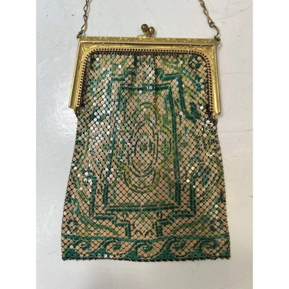 Antique Art Deco 1920's Whiting & Davis Enameled Mesh Flapper Purse Green Gold